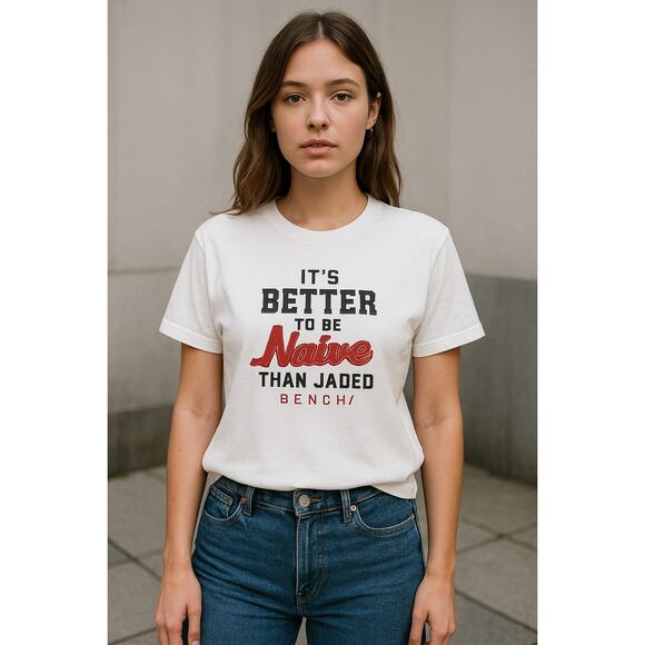 Y2K Streetwear Graphic White T-Shirt Bench/ Small – “Better Naïve Than Jaded” - Picture 1 of 8